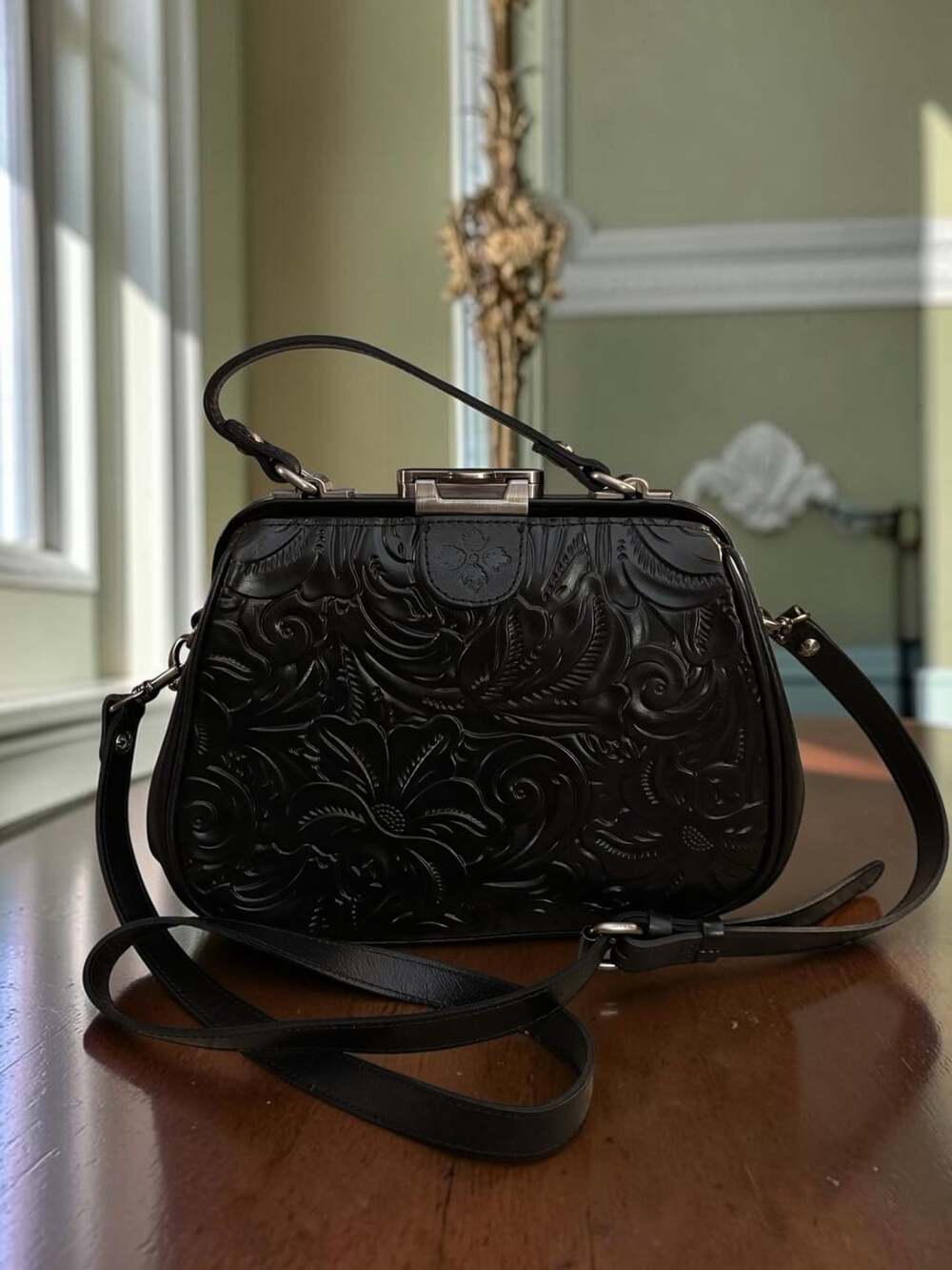 Patricia Nash Black Tooled Leather Gracchi Framed Satchel Crossbody Bag